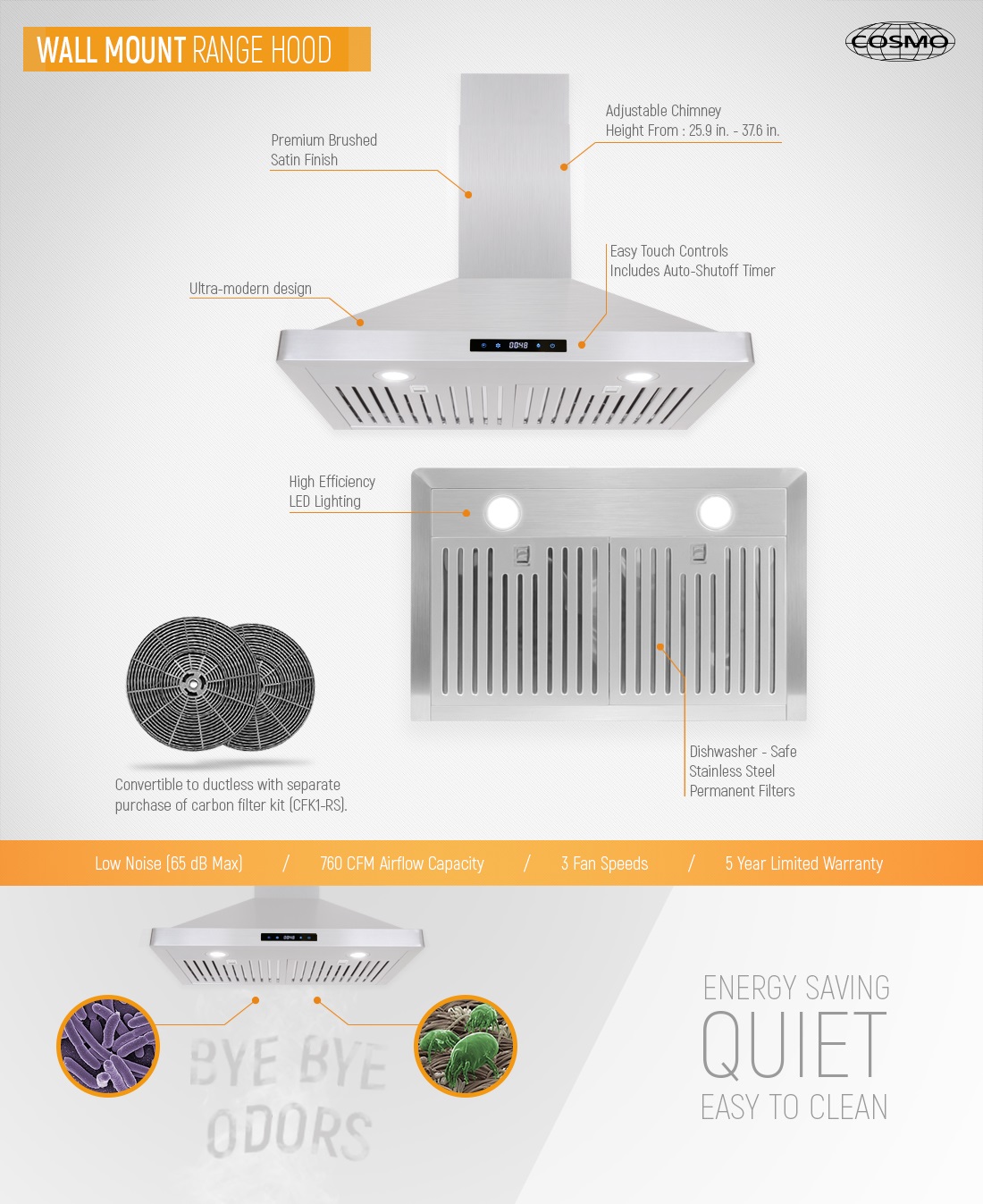 Cosmo 30 in. Ducted Wall Mount Range Hood in Stainless Steel with Touch